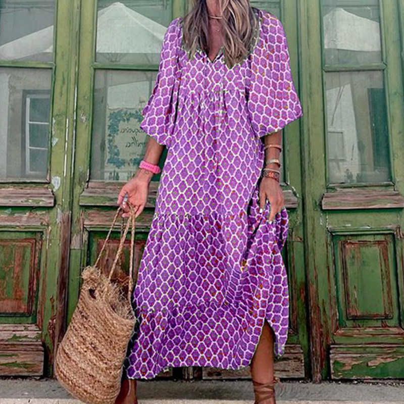Summer Women's Vintage Printed Bohemian Dress Elegant Ladies Casual Loose V-Neck Short Sleeve Long Dresses - Image 5