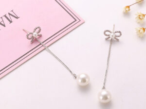 Sterling Silver Needle Bow Earrings Long Pendant Pearl Hypoallergenic Earrings Copper Jewelry Two Ways