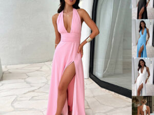 Sexy Halterneck V-neck Slit Dress Summer Backless Strappy Skirt Fashion Temperament Clothing Women
