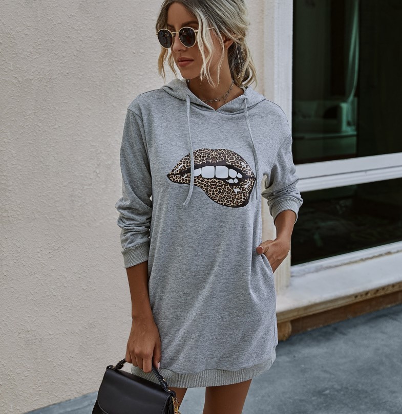 Autumn Lip Heat Transfer Mid-length Women's Hooded Sweater - Image 2