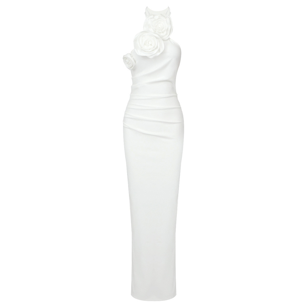 New Style White Ribbon Flower Halter Long High Sense Dress - Image 6