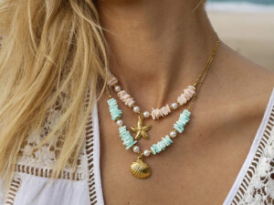 Mint Green Shell Patch Pearl Shell Pendant Necklace Jewelry