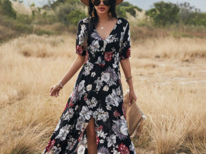 Floral Summer Beach Dress With V Neck Elastic Waist Dresses For Women