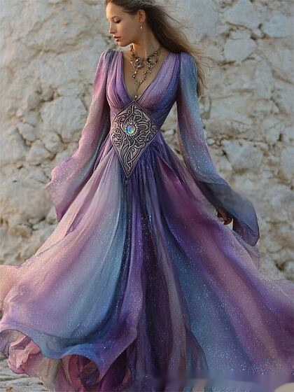 Womens Retro Bohemian Rose-Embroidered Loose Linen Maxi Dress - Image 3