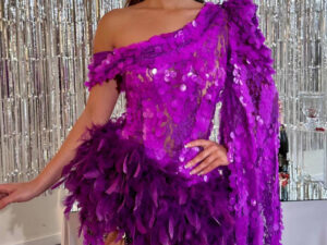 Purple Sequined Feather Skirt One-shoulder Sleeve Short Dress Luxury Party Stage Performance Dress