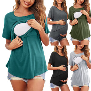 BABYNBEAUTY-Where Cuteness Meets Radiance for Your Little one - BabynBeauty 63 Pregnant Women Solid Color Round Neck Short Sleeves Breastfeeding Postpartum Nursing Top T-shirt