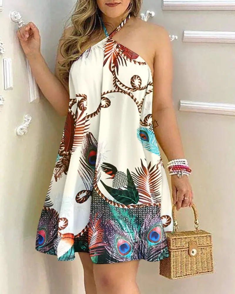 Printed Dress Summer Off-Shoulder Hanging Neck Sleeveless Sexy Dresses Women - Image 10