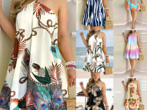 Printed Dress Summer Off-Shoulder Hanging Neck Sleeveless Sexy Dresses Women