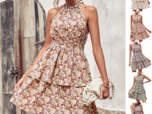 Summer Printed Halter Dress Fashion Boho Backless Ruffled A-Line Beach Dresses For Womens Clothing