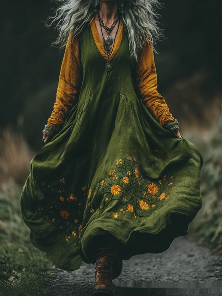 Womens Retro Bohemian Rose-Embroidered Loose Linen Maxi Dress - Image 6