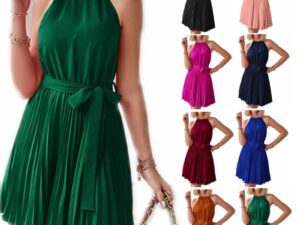 Halter Strapless Dresses For Women Solid Pleated Skirt Summer Beach Sundress