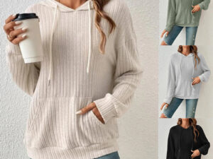 Fashion Drawstring Long-sleeved Hooded Sweatshirt With Pockets Solid Sunken Stripe Hoodie Knitwear Womens Clothing