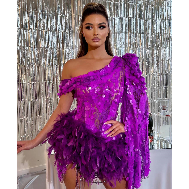 Purple Sequined Feather Skirt One-shoulder Sleeve Short Dress Luxury Party Stage Performance Dress - Image 2