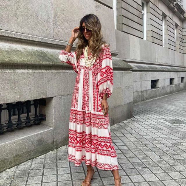 Summer Women's Vintage Printed Bohemian Dress Elegant Ladies Casual Loose V-Neck Short Sleeve Long Dresses - Image 10