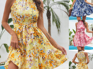 New Flowers Print Halterneck Dress Summer Fashion Temperament Lace-up Ruffled Dresses For Women