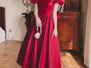 Winter Wine Red Engagement Daily French Princess On The Run Satin Dress