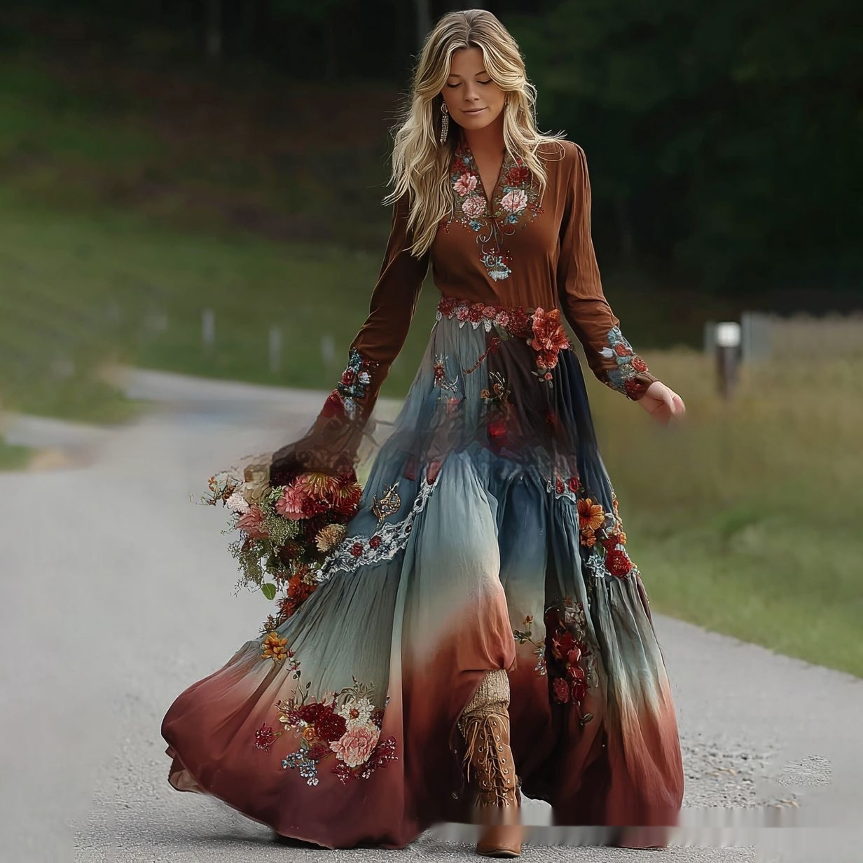 Womens Retro Bohemian Rose-Embroidered Loose Linen Maxi Dress - Image 5