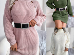Winter Turtleneck Long Sweater Dress With Button Design Leisure Clinch Long Sleeve Base Sweater Women