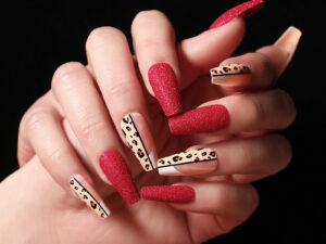 Red Color Leopard Print Ballet False Nails