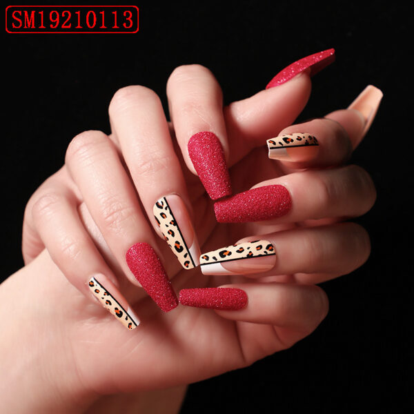 Red Color Leopard Print Ballet False Nails