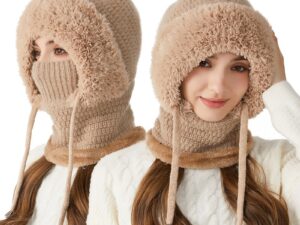 Knitted Hat For Women, Winter Integrated Scarf Beanie