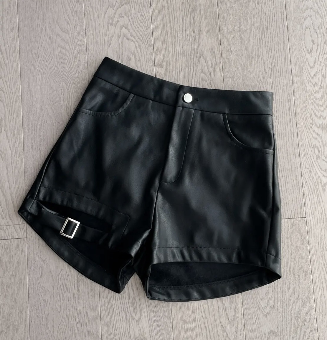 Black Buckle Washed Leather Shorts For Women - Image 9