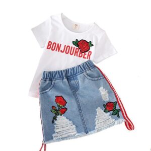 BABYNBEAUTY-Where Cuteness Meets Radiance for Your Little one - BabynBeauty 94 Kids Clothes White T-shirt Denim Skirt 2pcs Girls Suits