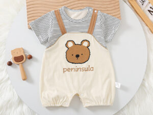 Cartoon Bear Print Baby Short Sleeve Rompers