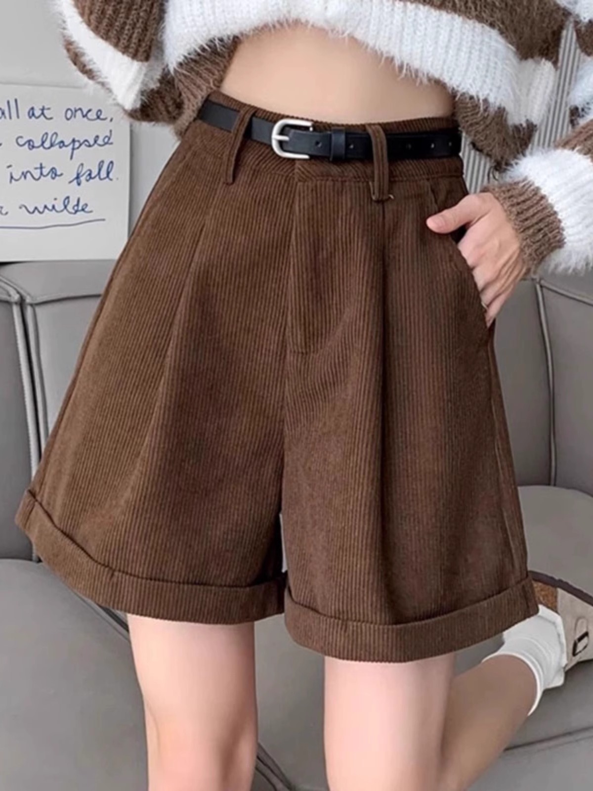 Fashion Brown Corduroy Shorts For Women - Image 3