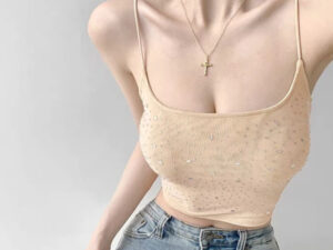 Womens High-waisted Midriff-baring Top With A Square Neckline Featuring A Double-layer Mesh Design