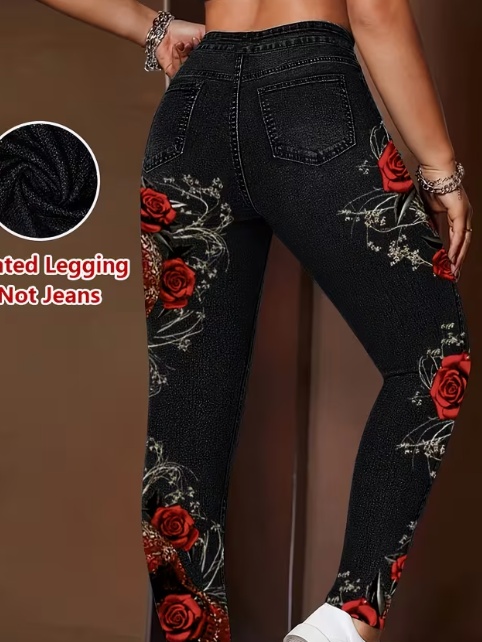Womens Faux Denim Skinny Leggings With All-Season Prints For Women - Image 4
