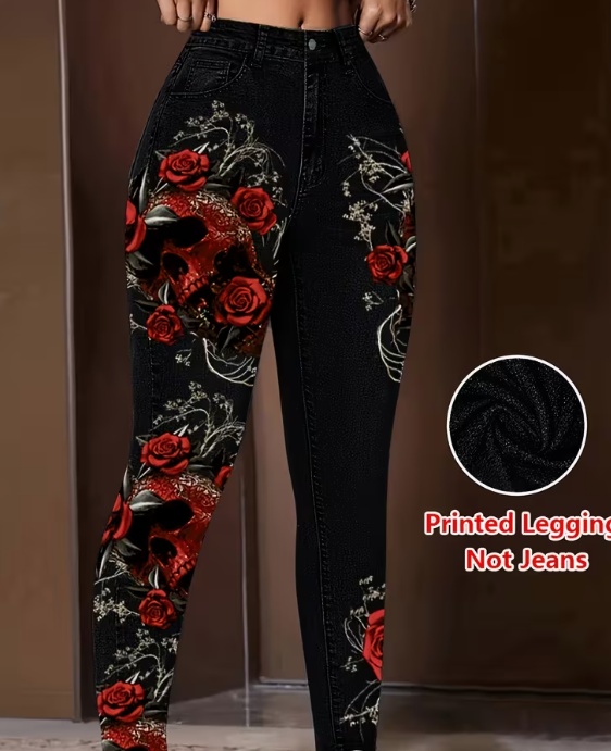 Womens Faux Denim Skinny Leggings With All-Season Prints For Women - Image 3