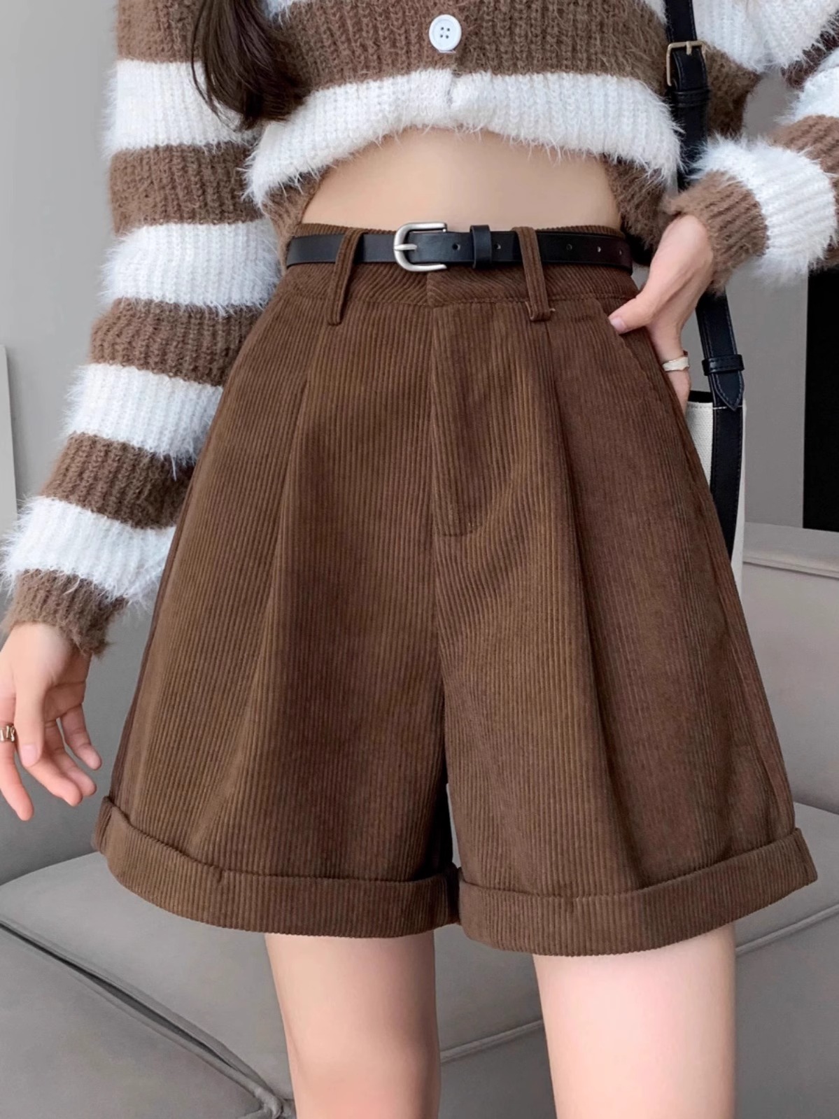 Fashion Brown Corduroy Shorts For Women - Image 7