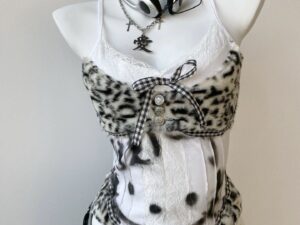 American-style Kitten Print Patchwork Leopard Lace Vintage Camisole