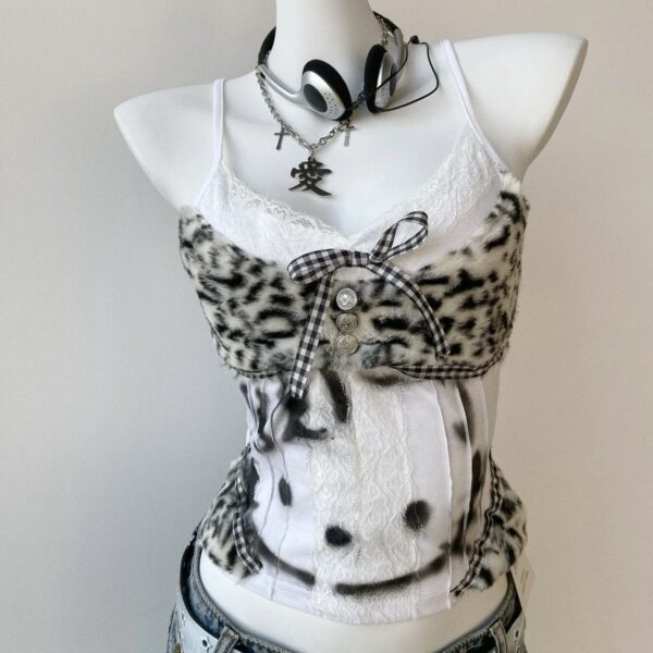 American-style Kitten Print Patchwork Leopard Lace Vintage Camisole