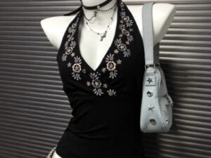 Niche Black V-Neck Embroidered Halter Backless Sophisticated Vintage Top