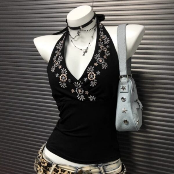 Niche Black V-Neck Embroidered Halter Backless Sophisticated Vintage Top