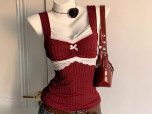 Womens Lace-trimmed Bow-decorated Vest-style Waistcoat Slim-fit Outerwear Top