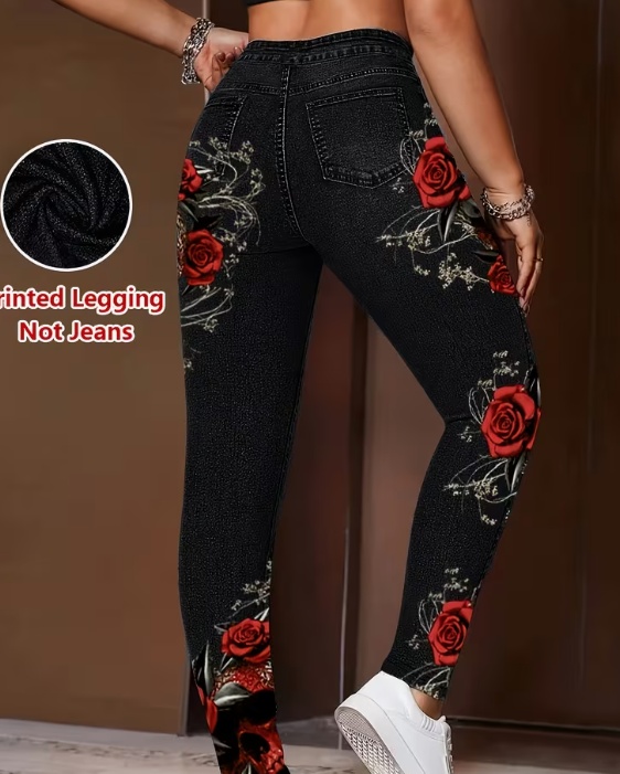 Womens Faux Denim Skinny Leggings With All-Season Prints For Women - Image 2