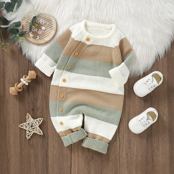 Knitted Striped One-piece Rompers Jumpsuit Male And Female Baby Single-breasted Jumpsuit