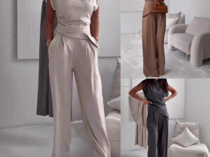 Women's Sleeveless Suit Fashion Slim Irregular Split Top And Straight Pants Solid Trouser Set