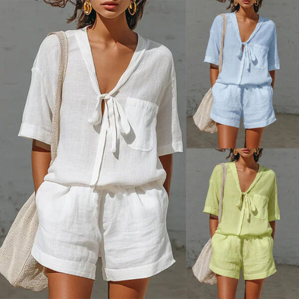Summer New Solid Color Casual Cardigan Lace-up Short-sleeve Shirt Loose Shorts Set For Women