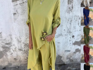 Loose Irregular Long Suit With Metal Button Design Round Neck Long-sleeved Top And Straight Trousers Fashion Wide-leg Pants Women's Clothing