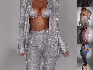 3pcs Shiny Long-sleeved Suit With Bra Lapel Blazer And Straight-leg Trousers Fashion Party Jacket Set For Women Clothing