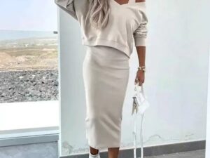 Women's Two Piece Dress Suit Fashion Long-sleeved  V-neck Pullover Sweatshirt And Sleeveless Dresses Set