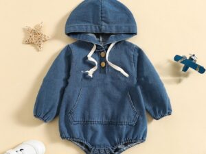 Boys' Denim Hooded Triangle Rompers Outing Jumpsuit