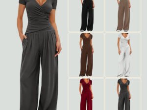 2 Pieces Women's V Neck Short-sleeve Sportswear Top And Wide-leg Pants Set Casual Comfortable Outfit Set For Daily Wear Gym Sports Outfit