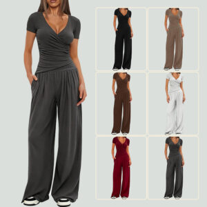 2 Pieces Women's V Neck Short-sleeve Sportswear Top And Wide-leg Pants Set Casual Comfortable Outfit Set For Daily Wear Gym Sports Outfit