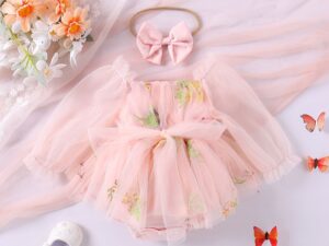 Baby Girl Jumpsuit Infant Long Sleeve Mesh Flower Embroidered Skirt Bottom-covering Rompers
