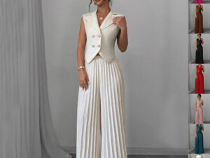 Summer Sleeveless Suit Fashion Lapel Button Vest Top And Pleated Straight Pants Women's Trousers Set Clothing